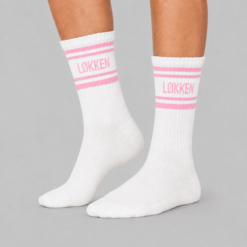 Hvide Løkken strømper med pink LØKKEN-tekst