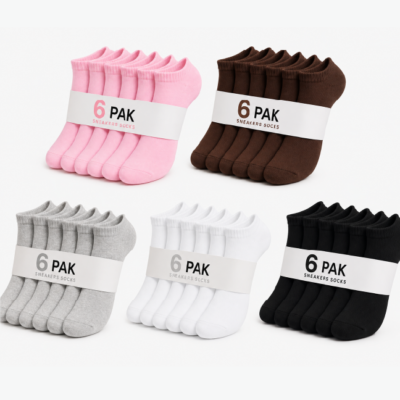 6-pak ensfarvede sneaker strømper fra CitySok i pink, brun, lysegrå, hvid og sort